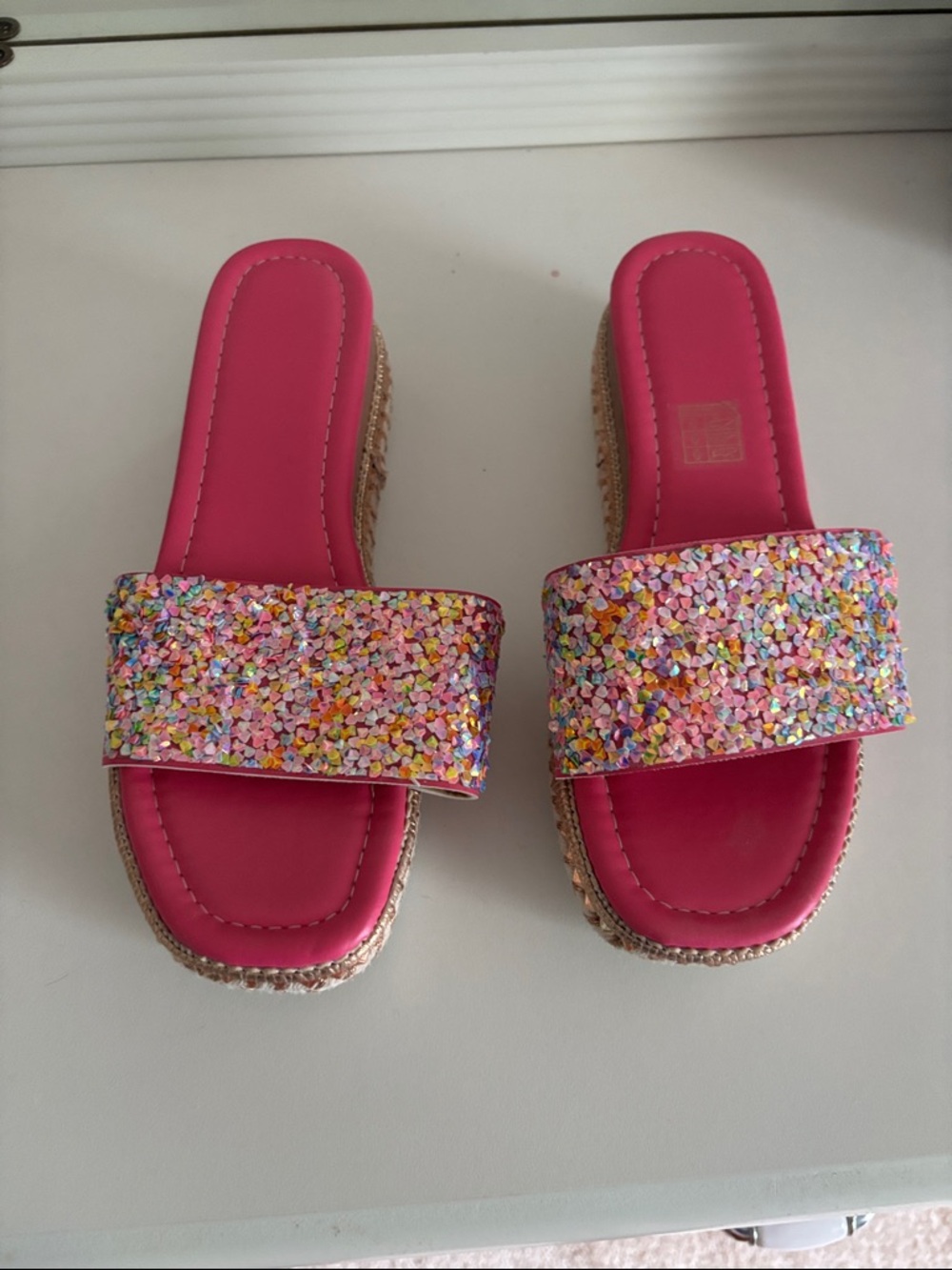 Pink Slide Sandals with Multicolor Glitter Strap
